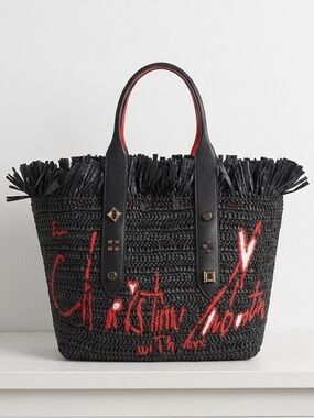 Christian Louboutin Frangibus Embroidered Spike Studded Raffia Black Tote NWT